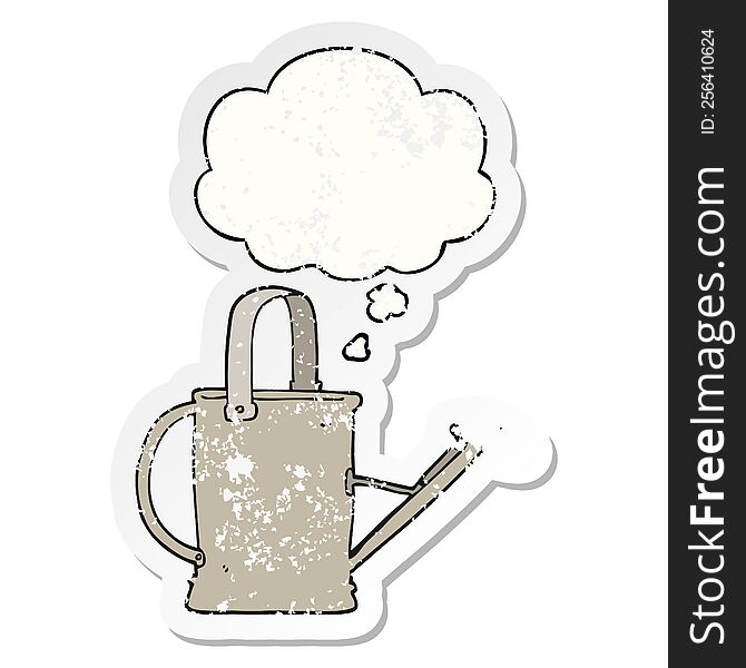 cartoon watering can with thought bubble as a distressed worn sticker