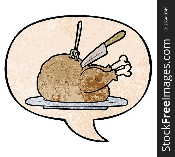 cartoon cooked turkey being carved with speech bubble in retro texture style