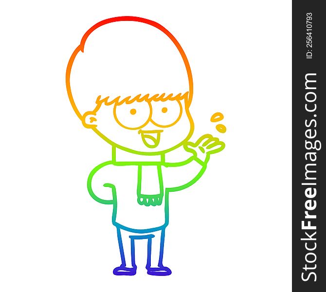 Rainbow Gradient Line Drawing Happy Cartoon Boy Waving