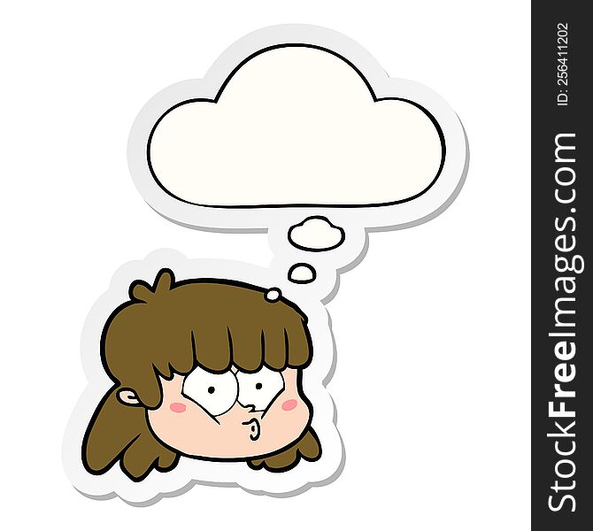 Cartoon Female Face And Thought Bubble As A Printed Sticker