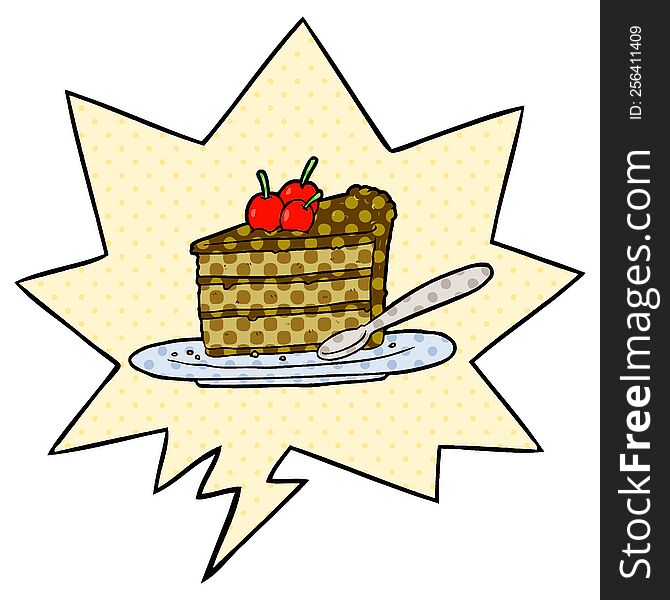 cartoon expensive slice of chocolate cake with speech bubble in comic book style