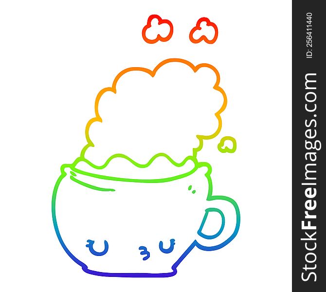 rainbow gradient line drawing of a cute cartoon coffee cup