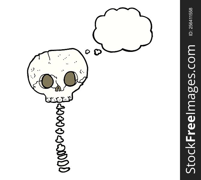 cartoon spooky skull and spine with thought bubble