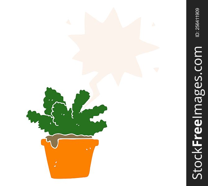 Cartoon House Plant And Speech Bubble In Retro Style