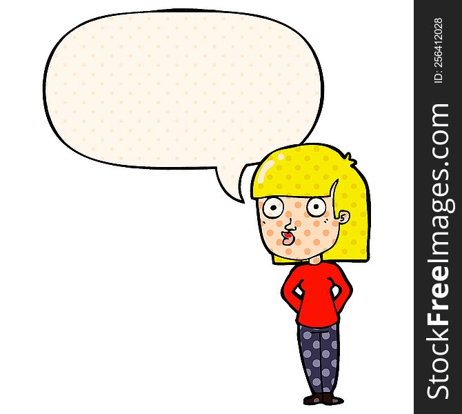 cartoon woman staring with speech bubble in comic book style