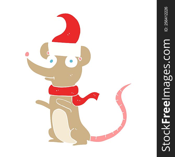 Flat Color Illustration Of A Cartoon Mouse Wearing Christmas Hat