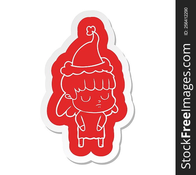 Cartoon  Sticker Of A Indifferent Woman Wearing Santa Hat