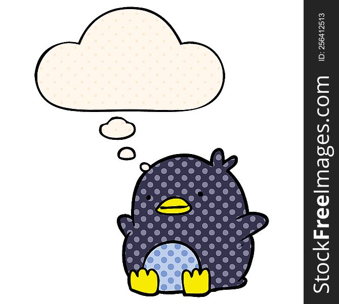 cute cartoon penguin with thought bubble in comic book style