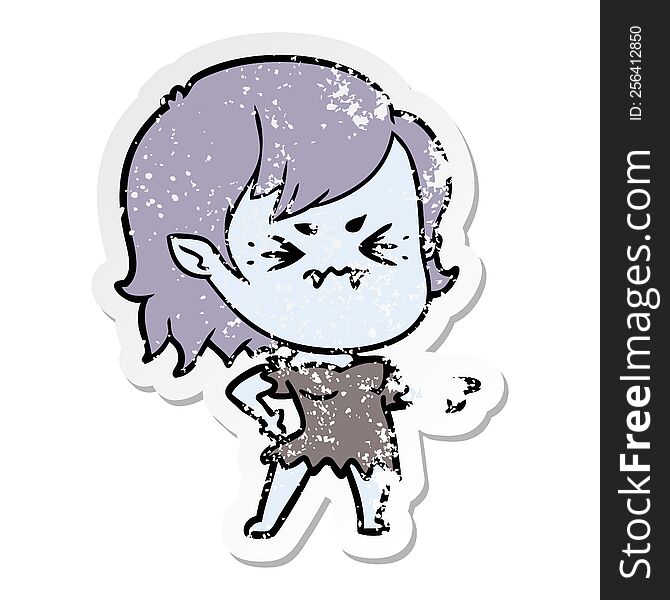 Distressed Sticker Of A Annoyed Cartoon Vampire Girl