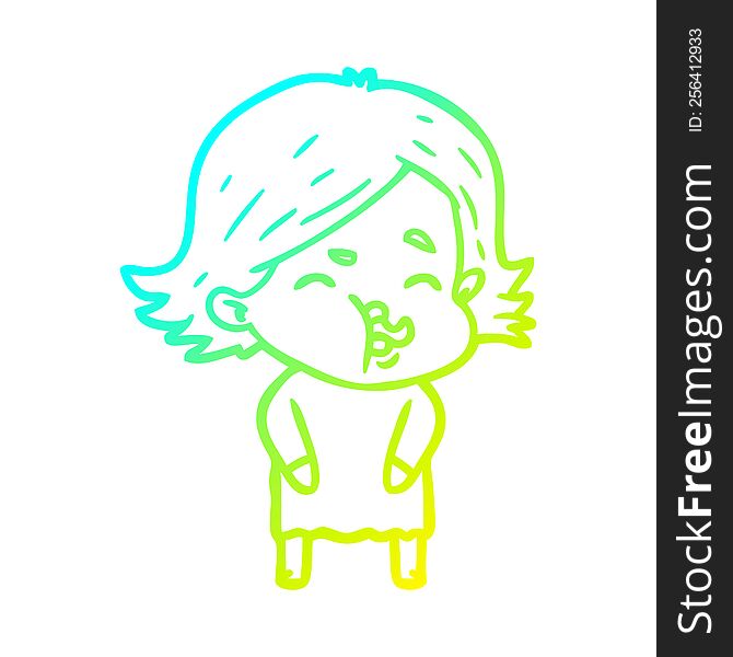 Cold Gradient Line Drawing Cartoon Girl Pulling Face
