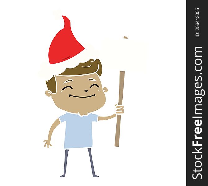 Happy Flat Color Illustration Of A Man With Placard Wearing Santa Hat