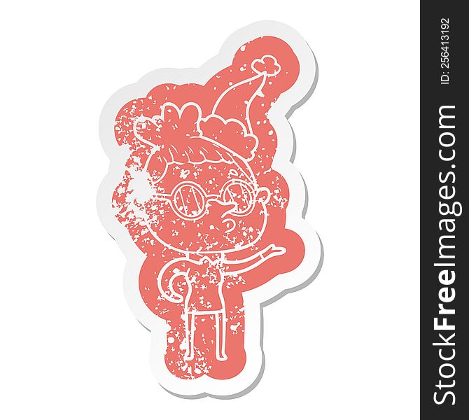 cartoon distressed sticker of a woman wearing glasses wearing santa hat