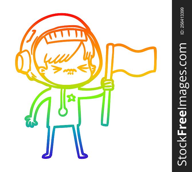 rainbow gradient line drawing of a angry cartoon space girl waving flag