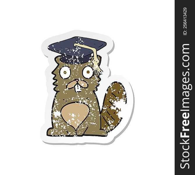 Retro Distressed Sticker Of A Cartoon Beaver Graduate