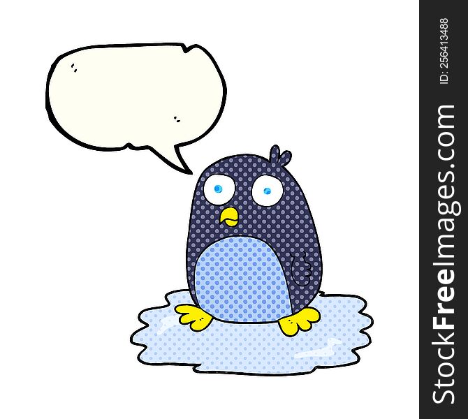 Comic Book Speech Bubble Cartoon Penguin On Ice