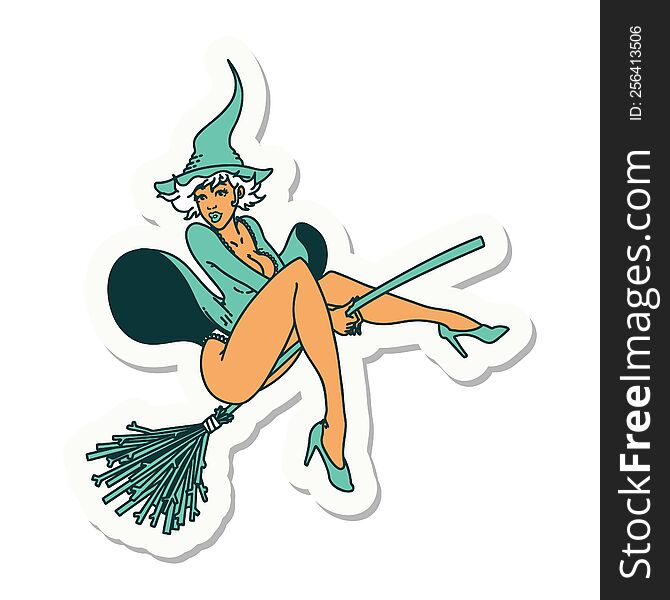 sticker of tattoo in traditional style of a pinup witch. sticker of tattoo in traditional style of a pinup witch
