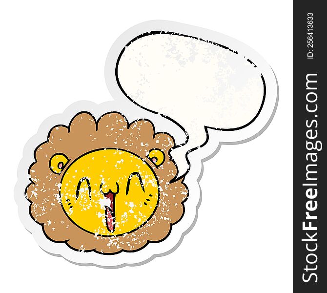 cartoon lion face with speech bubble distressed distressed old sticker. cartoon lion face with speech bubble distressed distressed old sticker