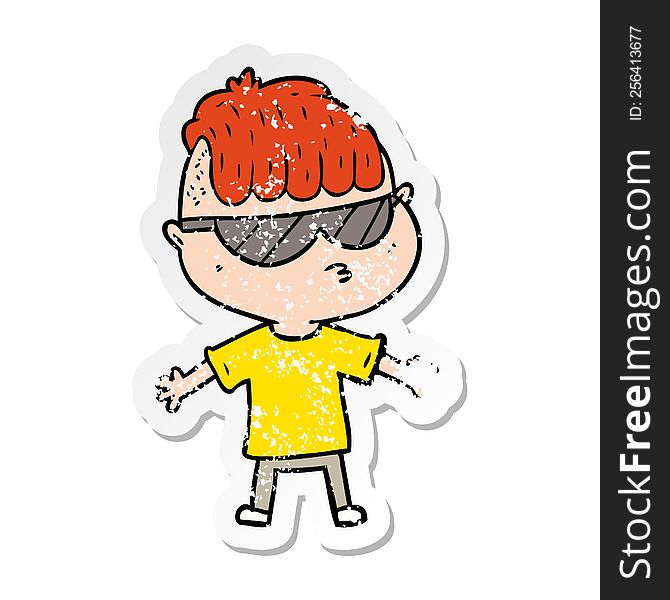 distressed sticker of a cartoon boy wearing sunglasses