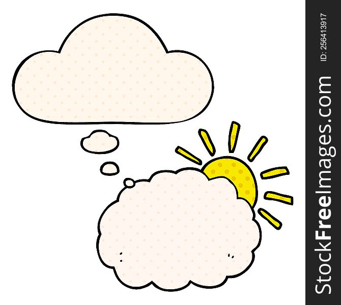 cartoon sun and cloud symbol with thought bubble in comic book style
