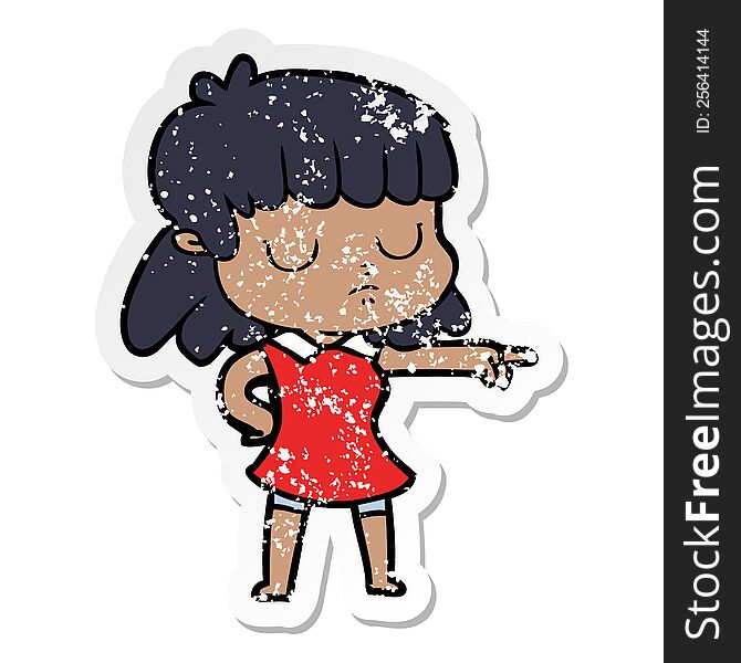 Distressed Sticker Of A Cartoon Indifferent Woman Pointing