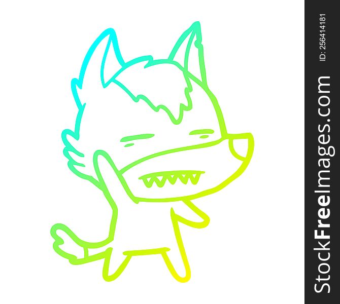 cold gradient line drawing of a cartoon wolf waving showing teeth