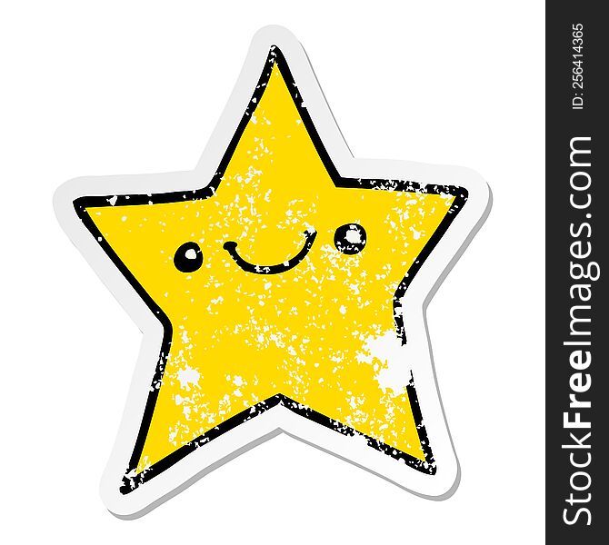 distressed sticker of a happy cartoon star