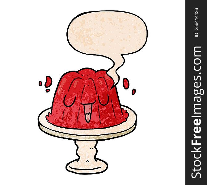 cartoon jelly on plate wobbling with speech bubble in retro texture style