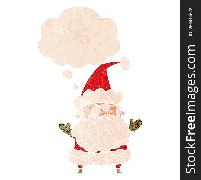 Cartoon Confused Santa Claus And Thought Bubble In Retro Textured Style