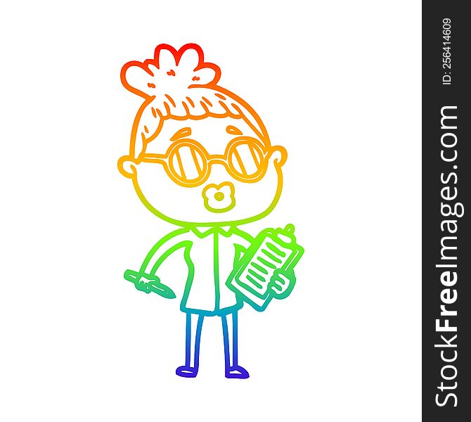 rainbow gradient line drawing of a cartoon manager woman wearing spectacles