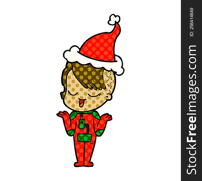 happy hand drawn comic book style illustration of a girl in space suit wearing santa hat