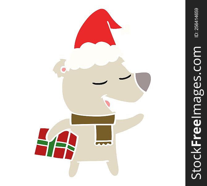 hand drawn flat color illustration of a bear with present wearing santa hat