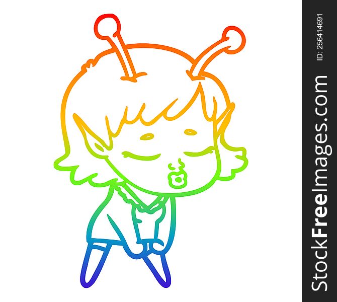 rainbow gradient line drawing of a cute alien girl cartoon