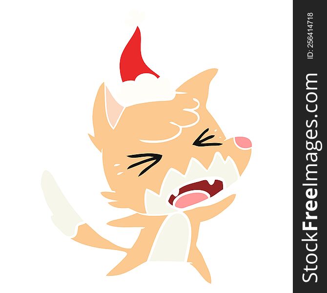 angry hand drawn flat color illustration of a fox wearing santa hat. angry hand drawn flat color illustration of a fox wearing santa hat