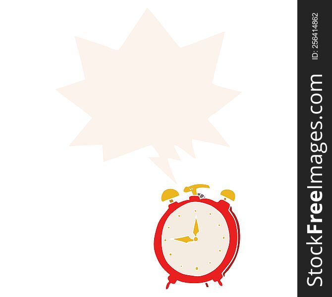 cartoon alarm clock with speech bubble in retro style
