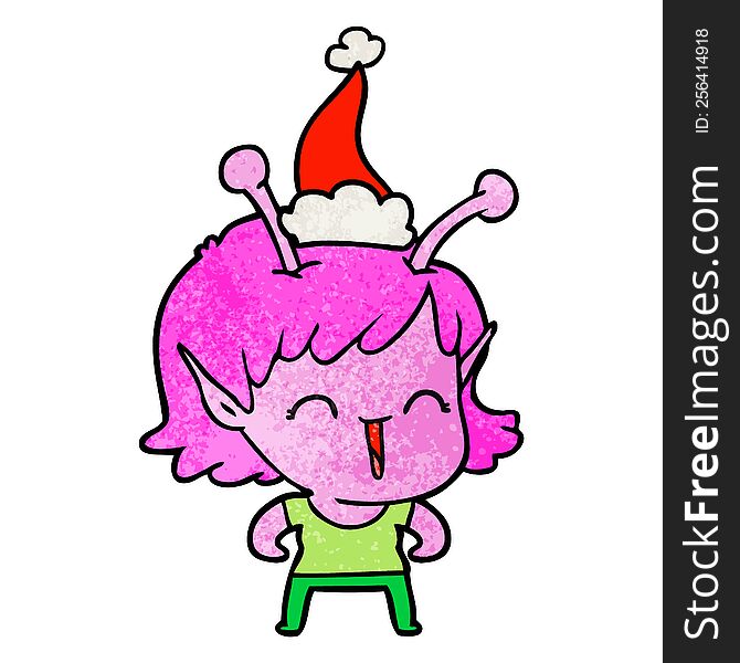 hand drawn textured cartoon of a alien girl laughing wearing santa hat