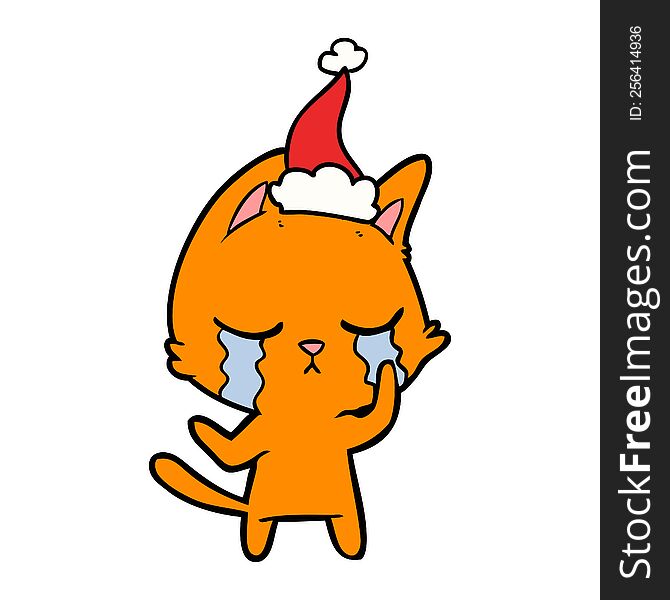 Crying Line Drawing Of A Cat Wearing Santa Hat