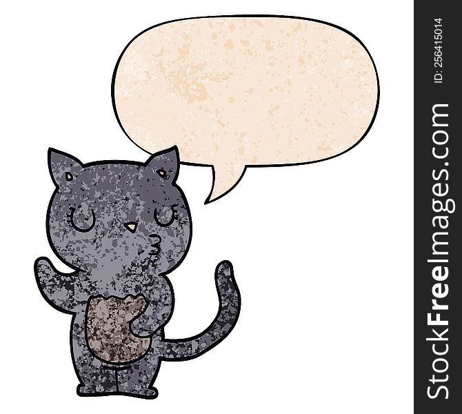 Cute Cartoon Cat And Speech Bubble In Retro Texture Style