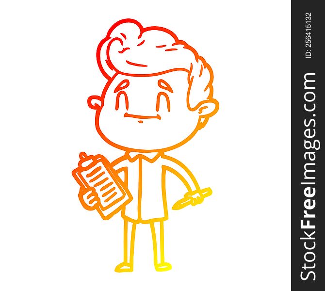 Warm Gradient Line Drawing Happy Cartoon Man With Pen And Clipboard