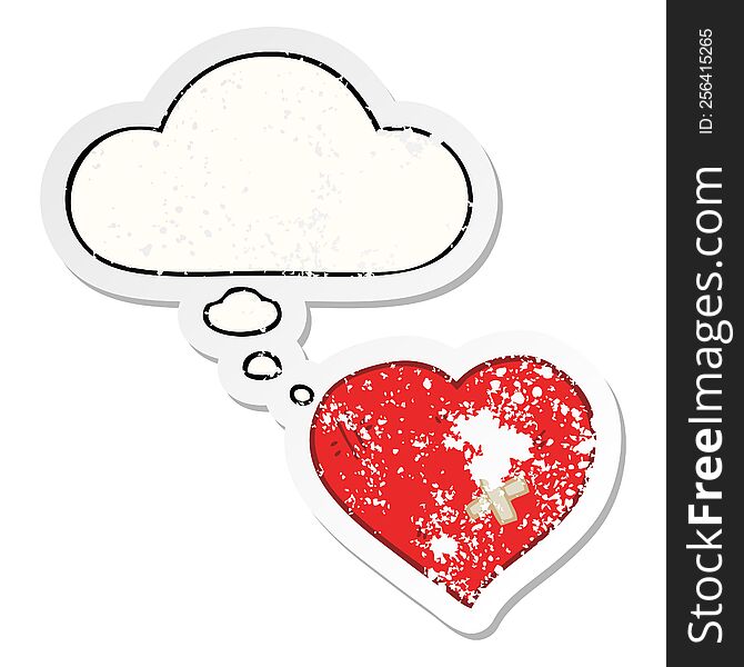 Cartoon Love Heart With Sticking Plaster And Thought Bubble As A Distressed Worn Sticker