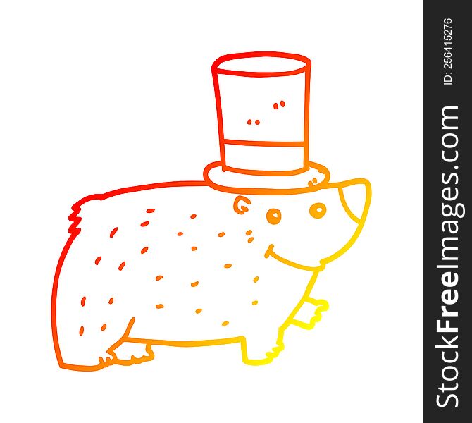 Warm Gradient Line Drawing Cartoon Bear Wearing Top Hat