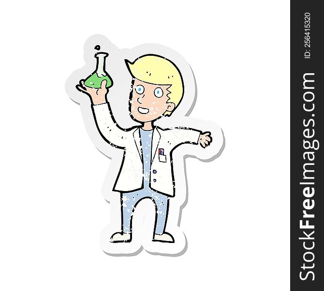 retro distressed sticker of a cartoon happy scientist