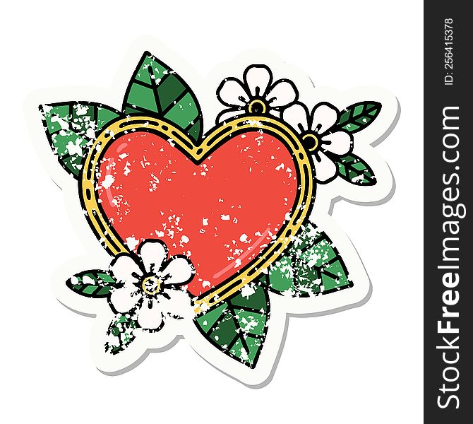 distressed sticker tattoo in traditional style of a botanical heart. distressed sticker tattoo in traditional style of a botanical heart