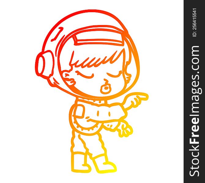 warm gradient line drawing of a cartoon pretty astronaut girl pointing