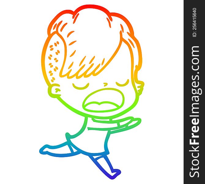 rainbow gradient line drawing of a cartoon cool hipster girl talking