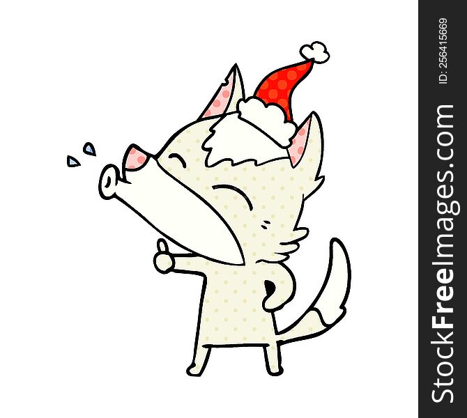 Howling Wolf Comic Book Style Illustration Of A Wearing Santa Hat