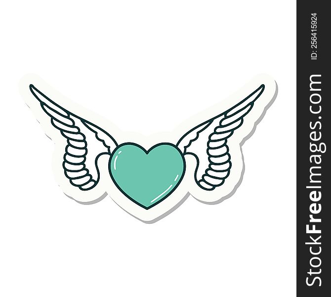 sticker of tattoo in traditional style of a heart with wings. sticker of tattoo in traditional style of a heart with wings