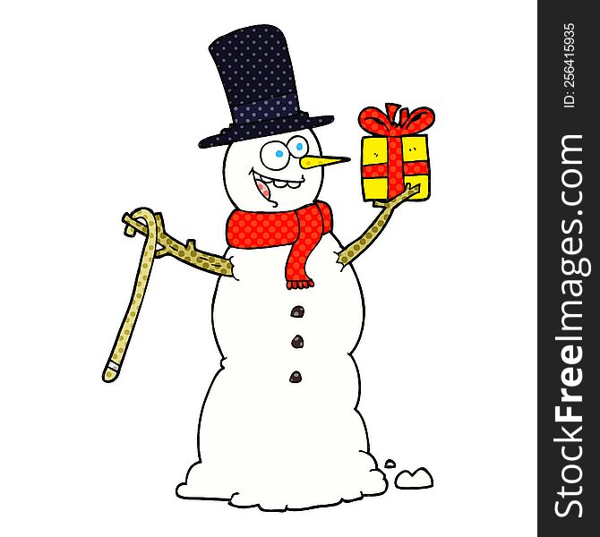 freehand drawn cartoon snowman holding present