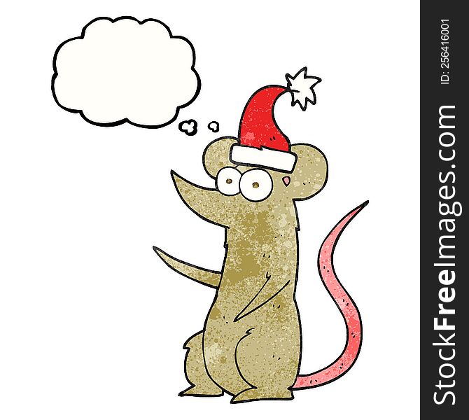 freehand drawn thought bubble textured cartoon mouse wearing christmas hat