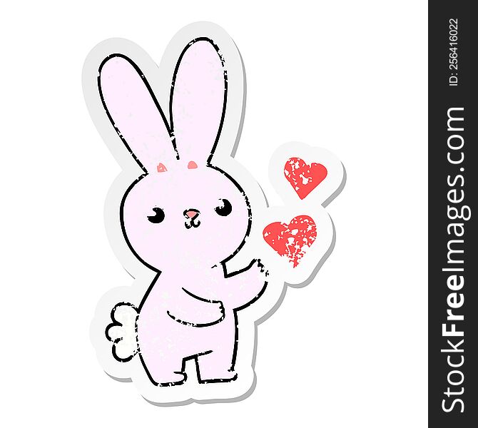 distressed sticker of a cute cartoon rabbit with love hearts