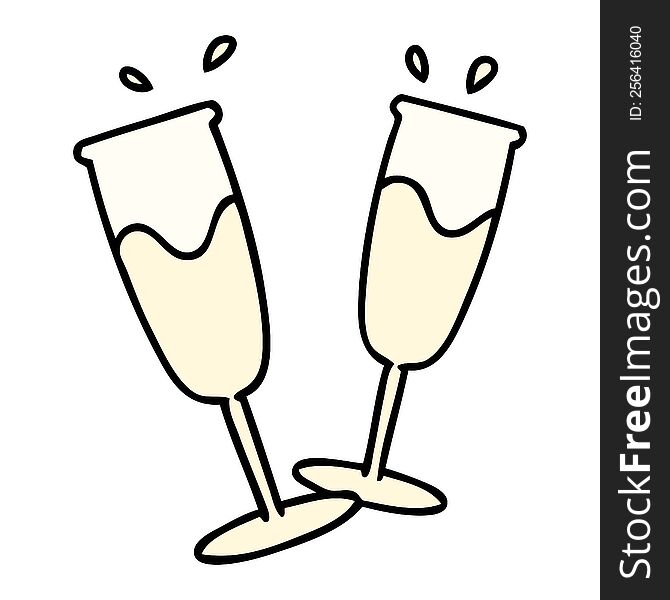 cartoon of two champagne glasses raising a toast. cartoon of two champagne glasses raising a toast